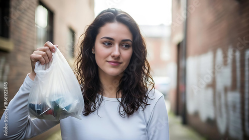 woman holding trash bag in alleyway smiling