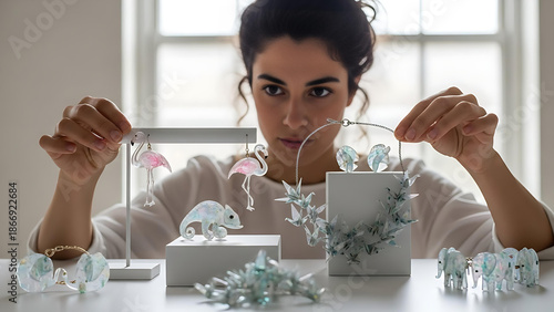 Woman showcasing jewelry made of mother of pearl and resin