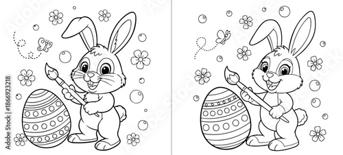 a4 colouring page bunny painting an easter egg. ready to print on standard A4 paper.