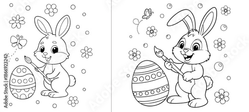 a4 colouring page bunny painting an easter egg. ready to print on standard A4 paper.