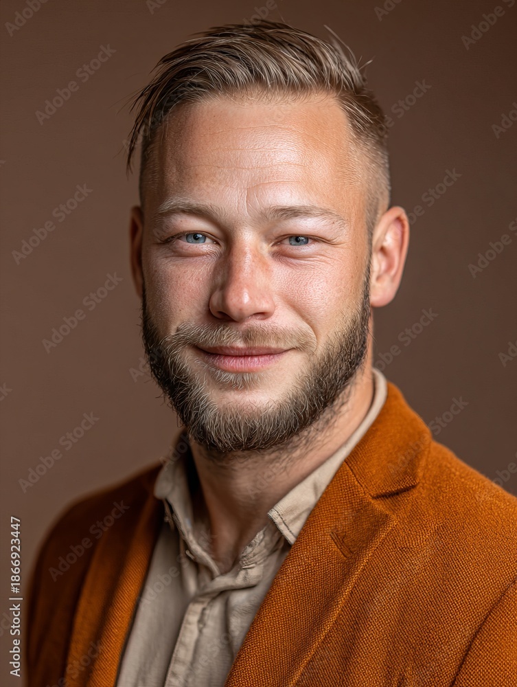 Obraz premium Premium business portrait of confident young man in orange blazer, professional headshot with natural smile on white background