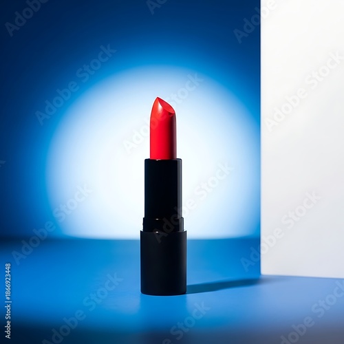 A vibrant red lipstick stands upright against a striking blue and white background with a spotlight effect
