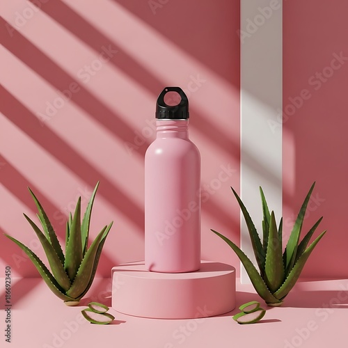 Aesthetic pink reusable water bottle displayed with fresh aloe vera plants and slices against a pastel pink background