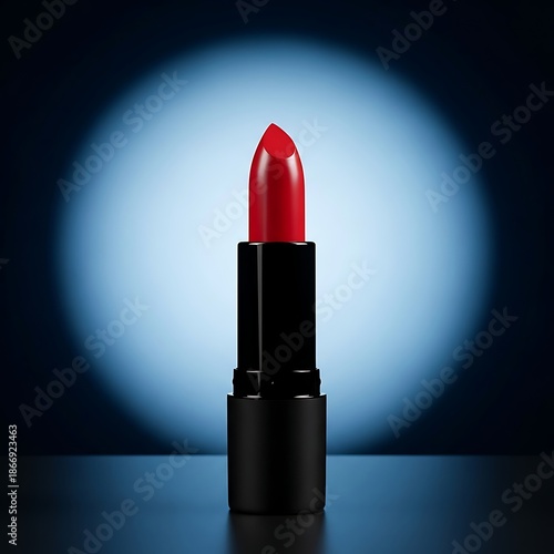 Classic red lipstick stands upright in a black case with a bright spotlight illuminating the product