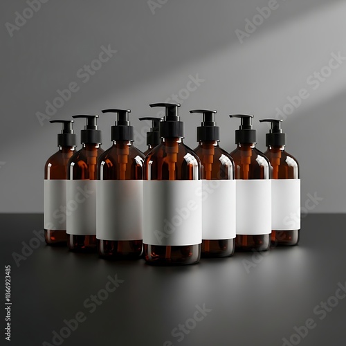 Collection of identical amber pump bottles with white label containers arranged on a reflective dark surface