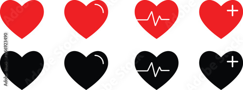 Heart Icons set with heartbeat and medical signs vector Illustration.