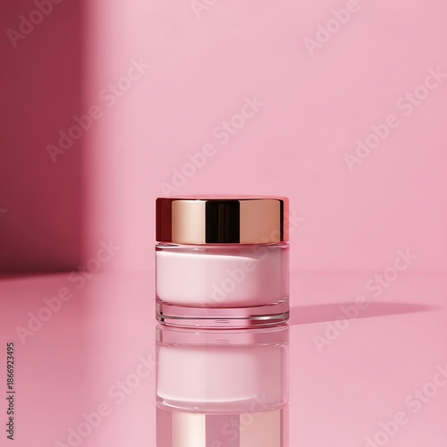 Elegant glass jar with rose gold lid filled with light pink cream isolated on a pink background