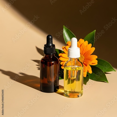 Two amber and clear dropper bottles with essential oil placed next to an orange flower and green leaves