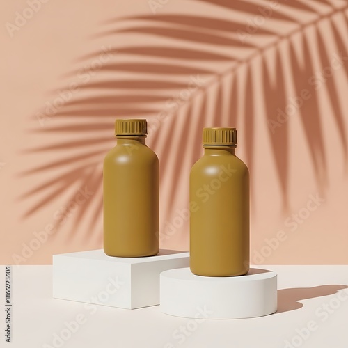 Two identical matte olive green bottles stand on white geometric pedestals with palm leaf shadows
