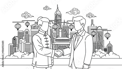 Two businessmen shaking hands in front of a city skyline, Generative AI.