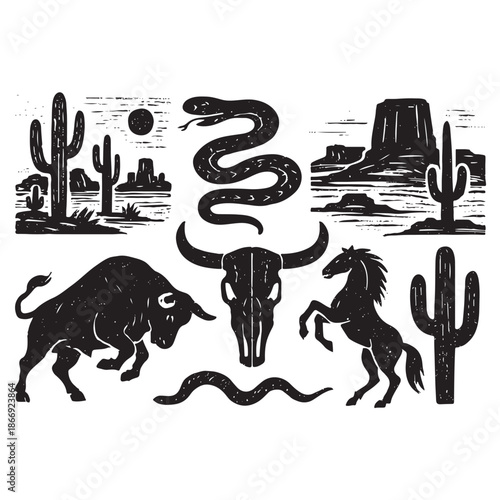 Western Desert Linocut Print Set – Boho Cactus, Canyon Wildlife & Rodeo Icons