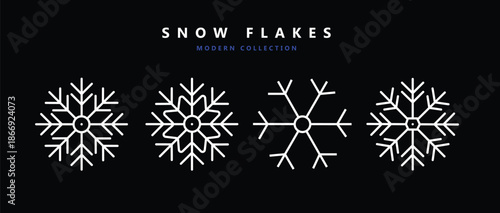 Snowflake variations icon collection isolated on black background vector Illustration.