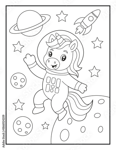 Wallpaper Mural Cute Unicorn Astronaut Floating in Space. Fun Galaxy Coloring Page for Kids. Simple bold outlines and clean black and white line art. Torontodigital.ca