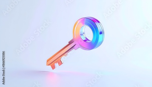 A shimmering, iridescent key levitating against a soft, gradient background