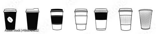 coffee cup line art vector icon set. Collection of black and white coffee cup and drink container icons vector illustration.