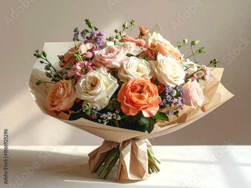 Realistic Photo of Elegant Flower Bouquet Wrapped in Aesthetic Paper
