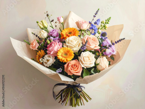 Realistic Photo of Elegant Flower Bouquet Wrapped in Aesthetic Paper