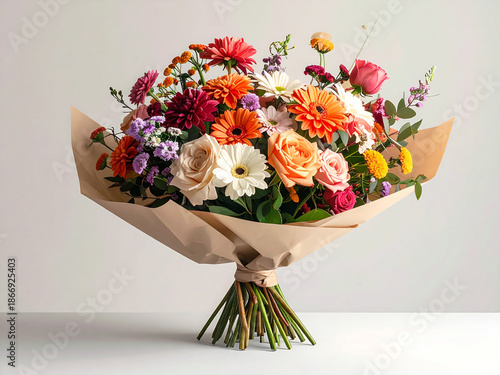 Realistic Photo of Elegant Flower Bouquet Wrapped in Aesthetic Paper