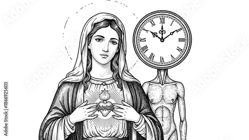 Religious Sacred Heart Illustration with Time Symbol