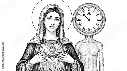 Sacred Heart Religious Illustration with Clock Figure