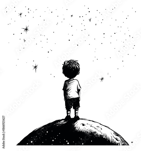 Hand drawn illustration of a boy depicting him gazing at stars from a small planet for imagination and wonder