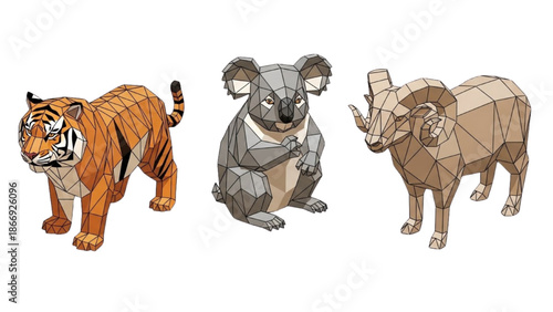 Isometric Low Poly Animals Set Featuring Tiger, Koala, and Ram for Geometric Wildlife and Nature Graphic Design