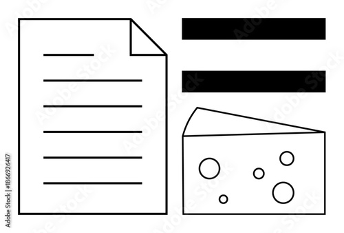 Paper sheet, equality bars, and cheese slice as conceptual metaphor for processes, equality, decisions, fairness, guidelines, flexibility uniqueness. Ideal for concepts of balance justice