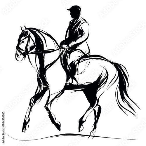 Dynamic line art illustration of an equestrian and horse depicting elegant motion for equestrian sports concepts
