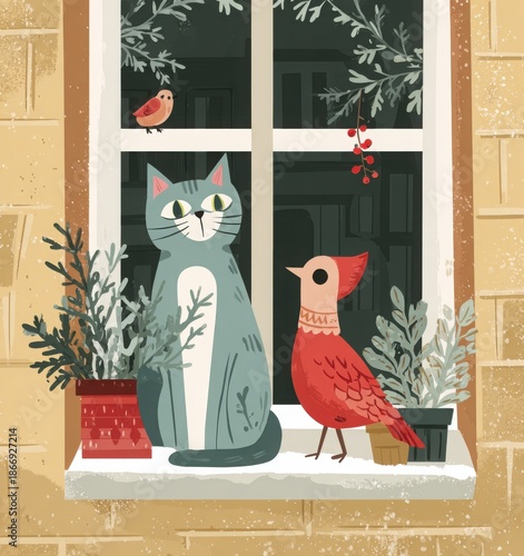 winter window with snow cozy indoor illustration