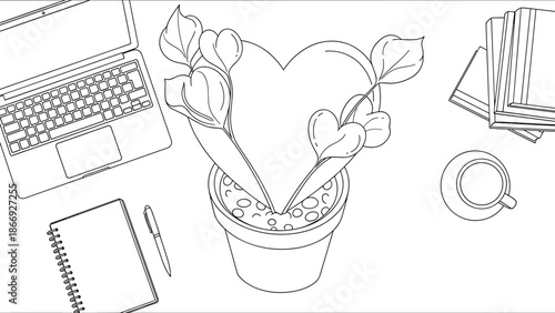 Heart shaped plant growing in a pot with tulips and leaves, Generative AI.