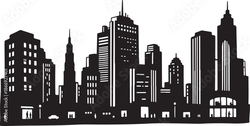 City Skyline Silhouette Urban Landscape Black and White Illustration