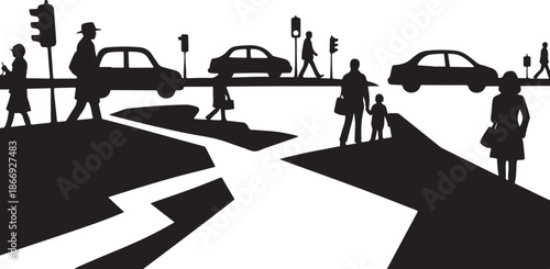 Silhouette of people crossing road with cracked pavement