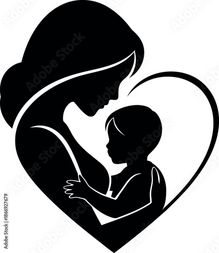 Mother and baby in love heart silhouette shape vector illustration isolated on transparent background