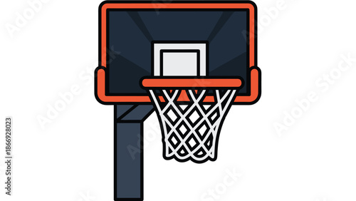 A basketball hoop with a net is depicted against a plain background, ready for a game of basketball to begin on the court.