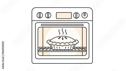 A pie is baking inside a kitchen oven, with steam rising from the crust, indicating a delicious dessert is ready to be served soon.