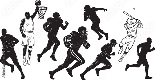 Silhouettes of athletes playing various sports in motion