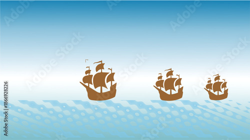 Minimal ships sail across calm blue waters, symbolizing progress, exploration, and steady growth through layered horizons and rhythmic motion forward