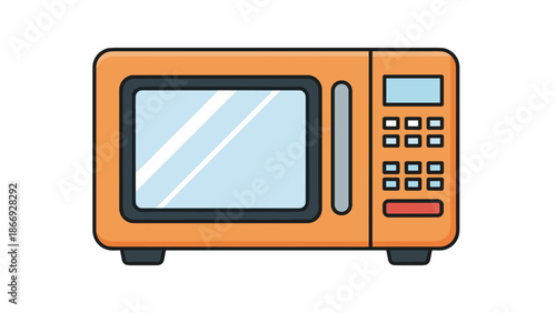 An orange microwave oven with a glass door is shown, representing kitchen appliances, cooking, and food preparation.