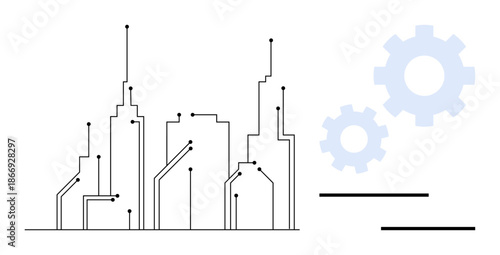 Urban cityscape outlined with futuristic circuit-thumbs up lines and nodes, accompanied by interlocking gears. Ideal for smart city, technology, innovation, automation, connectivity, urban planning