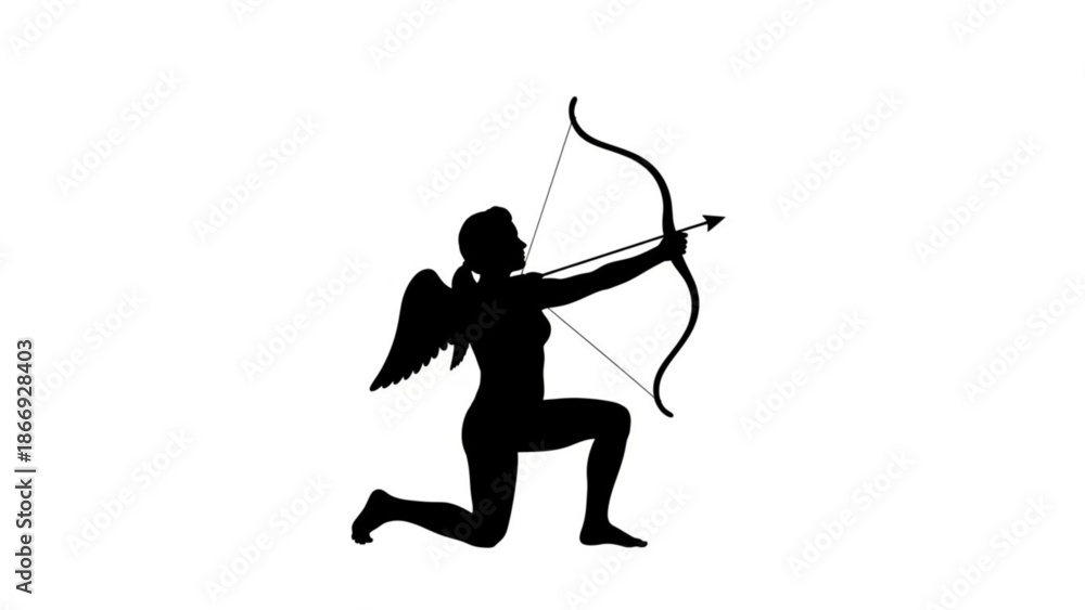 Fototapeta premium Cupid kneeling and aiming a bow and arrow in a classic pose silhouette illustration