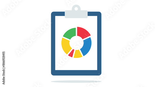 A clipboard displays a colorful pie chart, symbolizing data analysis, statistics, reports, and business insights.