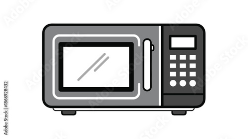 A grayscale microwave oven with a digital display and control panel represents a common kitchen appliance for heating food quickly.