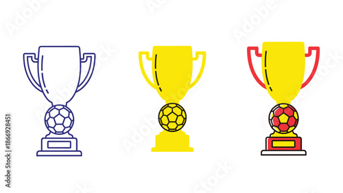 Multiple variations of a soccer trophy alongside soccer balls represent achievement, victory, and championships in the sport.