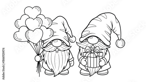 Two cute gnomes one holding heart balloons and the other a gift, Generative AI.
