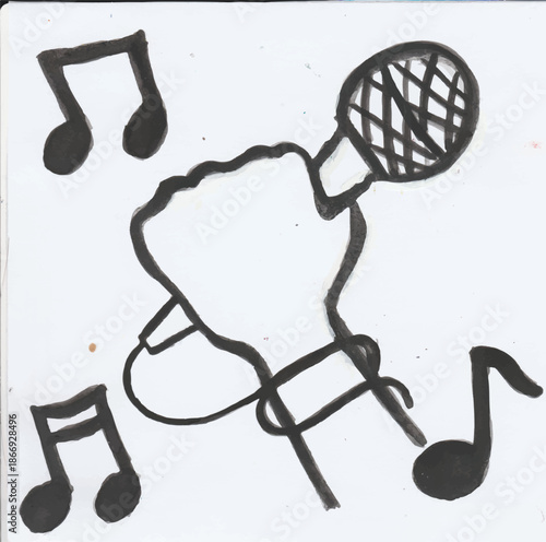 Hand holding microphone with musical notes