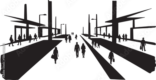 City Street Silhouette with People Walking