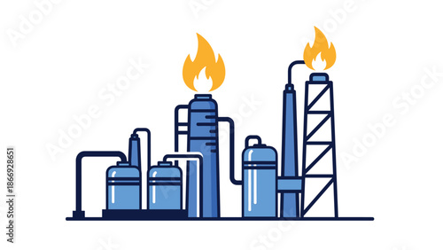 A stylized illustration of an industrial plant with blue tanks and smoking chimneys represents energy production and manufacturing processes.