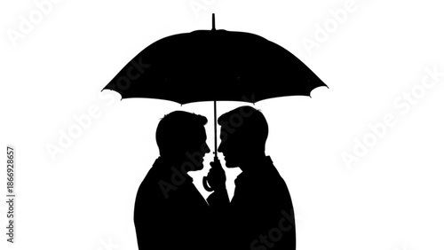 Silhouetted couple sharing a kiss under an umbrella on a rainy day