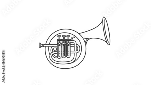 A line drawing of a French horn, a brass musical instrument with valves and a flared bell, represents orchestral music and performance.