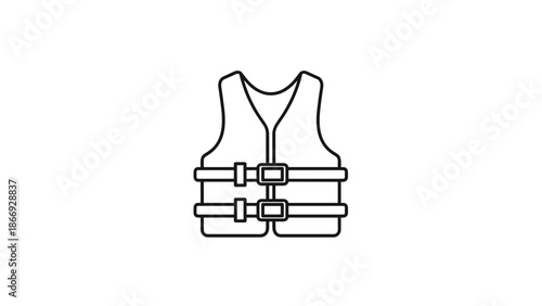 A simple line drawing of a life vest, a personal flotation device with straps and buckles, highlights water safety and emergency preparedness.